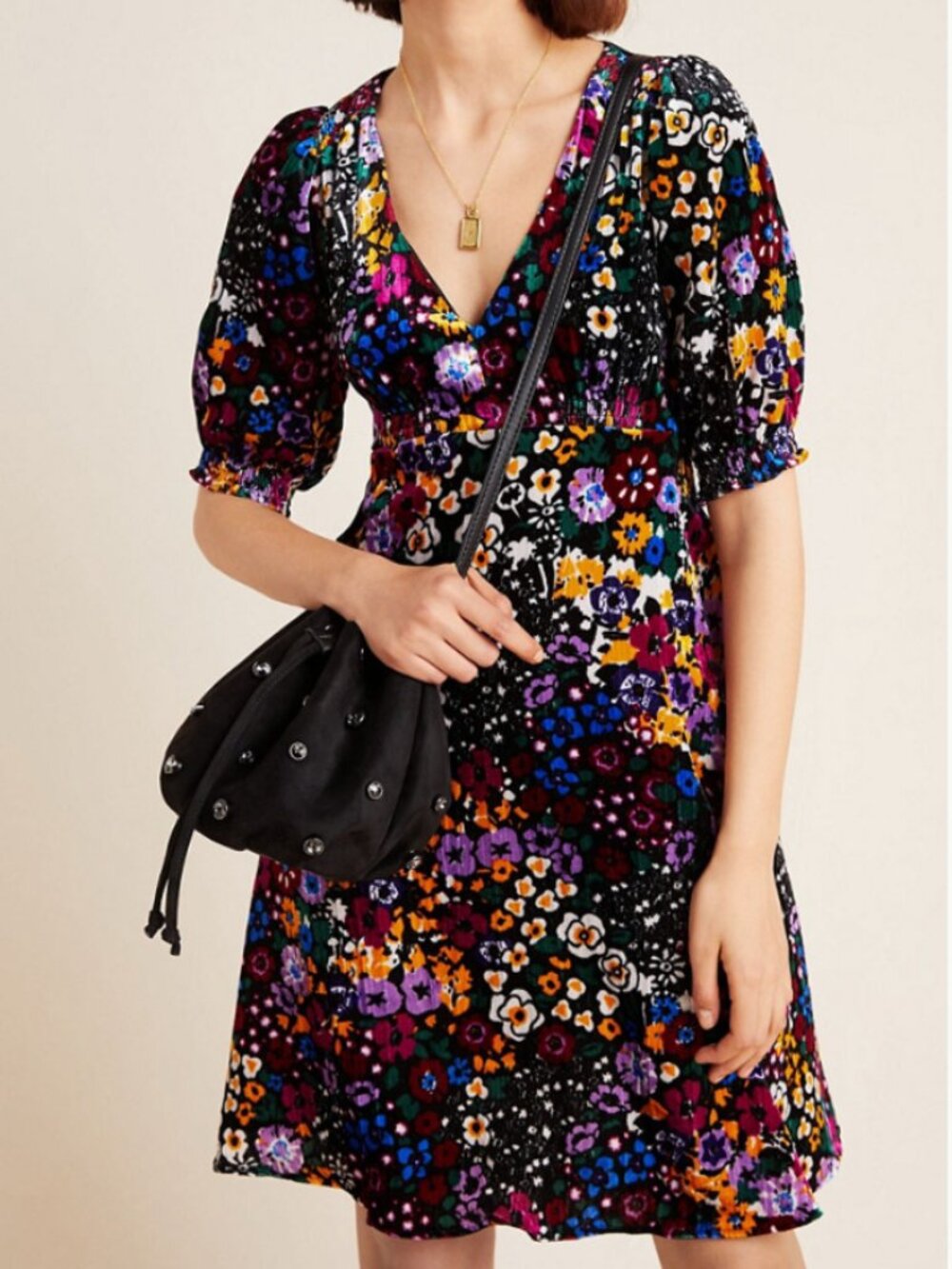 Anthropologie Petite Francie Velvet Floral Mini Dress w/ Puff Sleeves - Size 0P